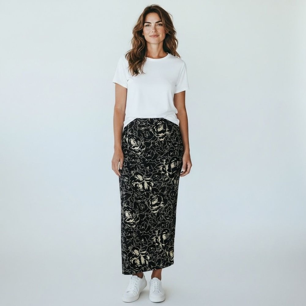 Maggy London 100% Silk Black Floral Midi Skirt